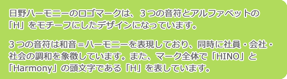 日野ハーモニーのロゴマークは、3つの音符とアルファベットの「H」をモチーフにしたデザインになっています。3つの音符は和音=ハーモニーを表現しており、同時に社員・会社・社会の調和を象徴しています。また、マーク全体で「HINO」と「Harmony」の頭文字である「H」を表しています。