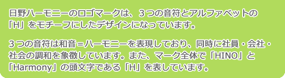日野ハーモニーのロゴマークは、3つの音符とアルファベットの「H」をモチーフにしたデザインになっています。3つの音符は和音=ハーモニーを表現しており、同時に社員・会社・社会の調和を象徴しています。また、マーク全体で「HINO」と「Harmony」の頭文字である「H」を表しています。